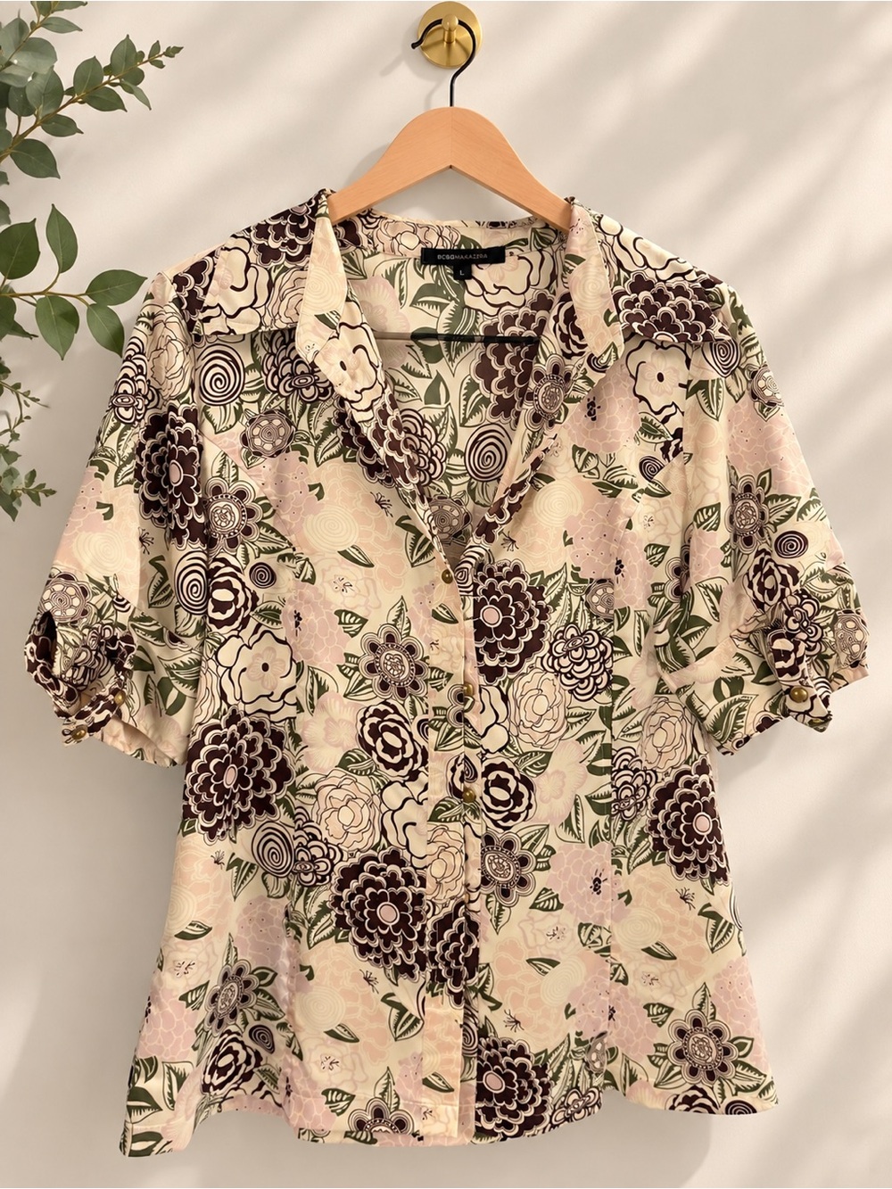 BCBGMaxAzria Floral Button-Down Shirt in Pink, Green & Brown